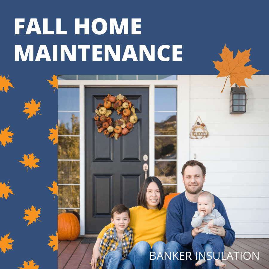 Title card featuring a family of four sitting outside the front door of their home: Fall Home Maintenance