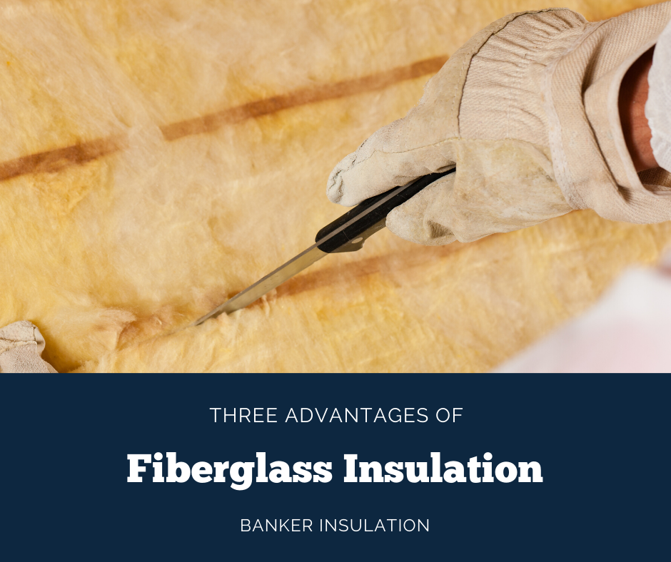 Title card featuring a worker hand installing fiberglass insulation: Advantages of Fiberglass Insulation.