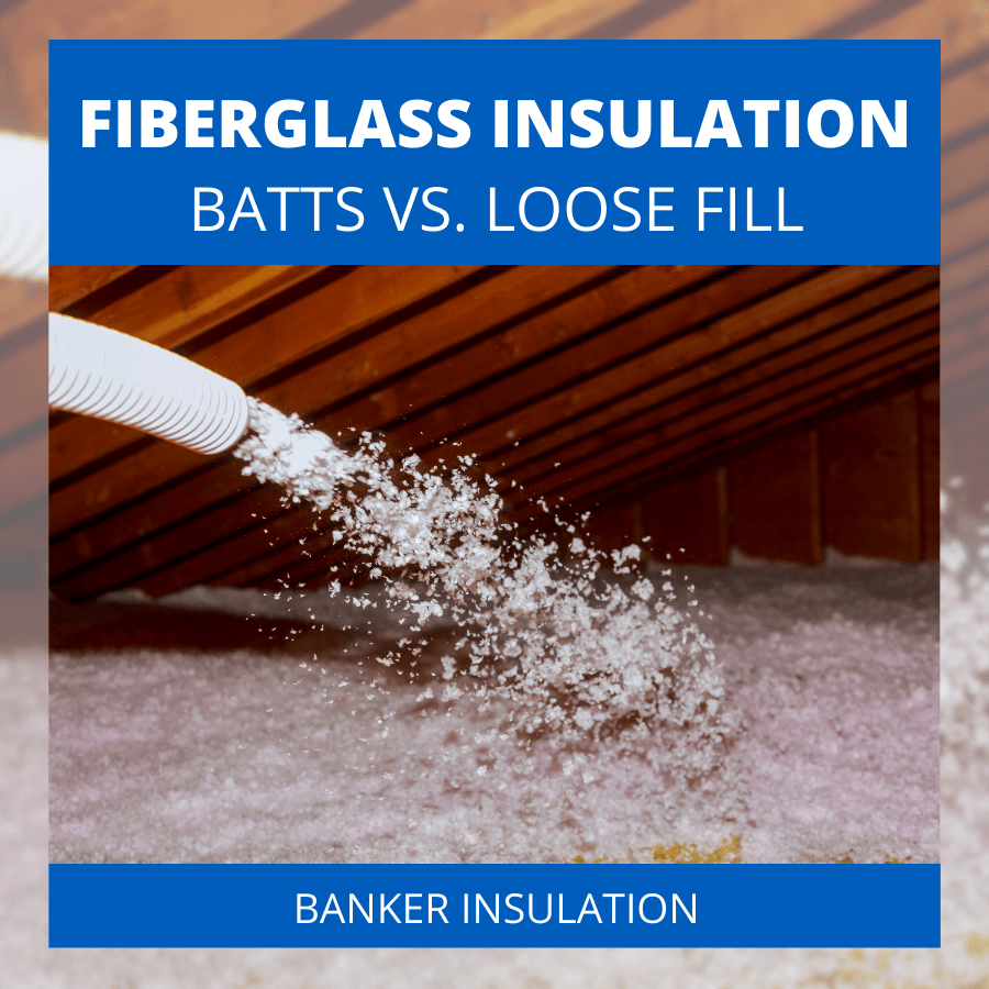 Title card featuring an insulation installation tool in a crawl space: Fiberglass Insulation: Batts vs. Loose Fill