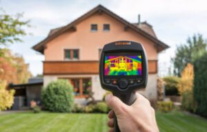 A person holding an infrared thermal imaging camera, scanning the exterior of a house to detect heat loss and insulation gaps.