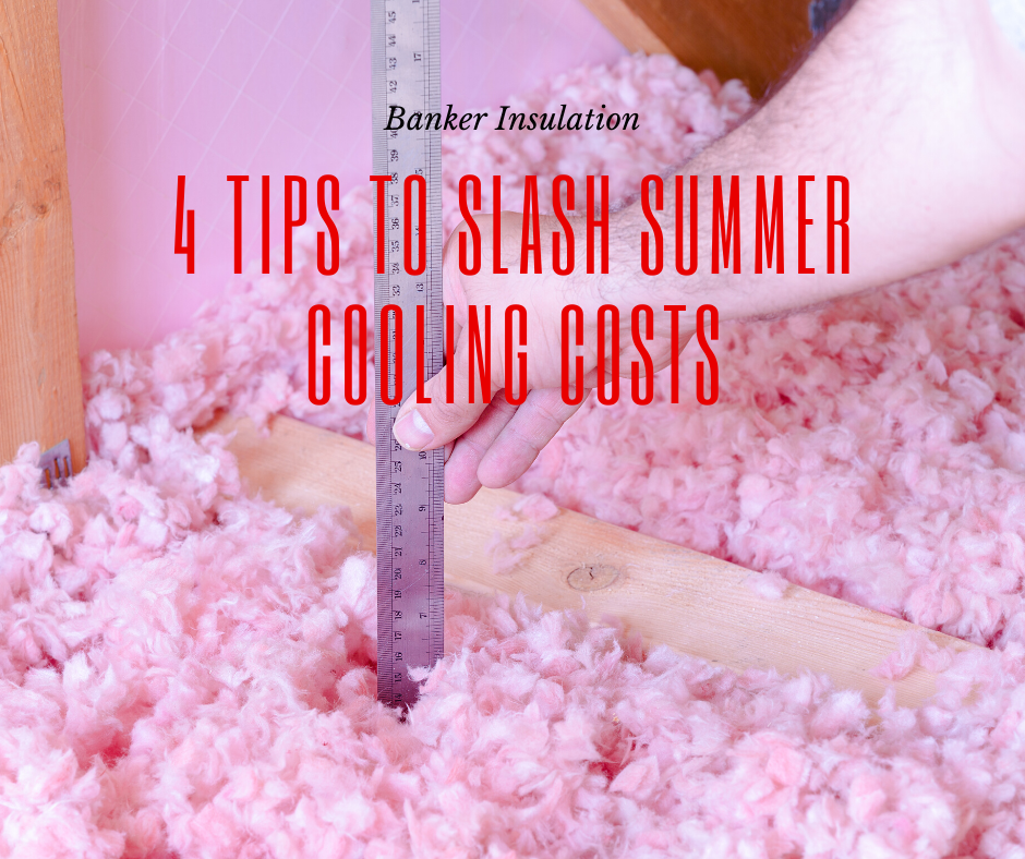 Title card featuring a person measuring the depth of pink insulation with a ruler: Tips to Slash Summer Cooling Costs.