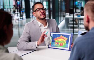 A professional energy auditor in a business suit presenting a thermal imaging report to homeowners, explaining energy efficiency improvements.